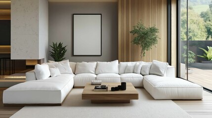 Modern living room with white sofa and wooden coffee table. Wall art mockup