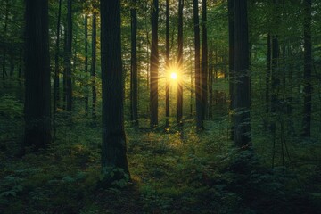 Obraz premium Observing the sun peeking through the trees in a forest is a serene experience, surrounded by terrestrial plants and a variety of shades of green and brown in the natural landscape, ai