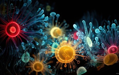 Colorful abstract shapes on a black background. AI.