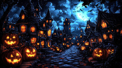 A spooky Halloween town with glowing jack-o'-lanterns.