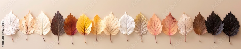 Aufkleber gradient arrangement of multicolored autumn leaves on soft beige background showcasing seasonal tran