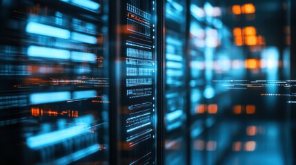 Abstract Server Room with Blue and Orange Lights