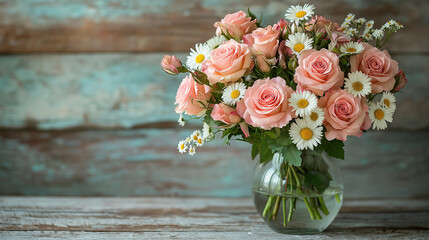 A high-resolution photo of a pastel-colored bouquet of roses and daisies, arranged in a simple glass vase on a rustic wooden table
