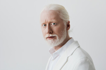 Portrait of a mature man with white hair and beard, wearing a white suit against a light neutral background, embodying elegance and sophistication in fashion photography