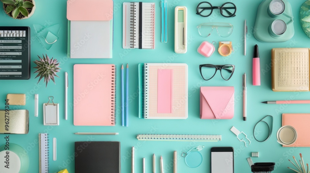 Wall mural A colorful arrangement of stationery and office supplies on a turquoise background.