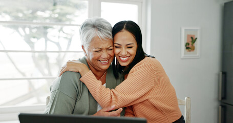 Senior woman, hug and laptop with support in home with tech learning and helping with internet...