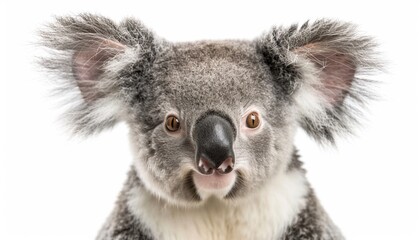 Obraz premium Close-Up of Young Koala with Fluffy Grey Fur and Large Ears, Isolated on White Background, Cute and Detailed Animal Portrait