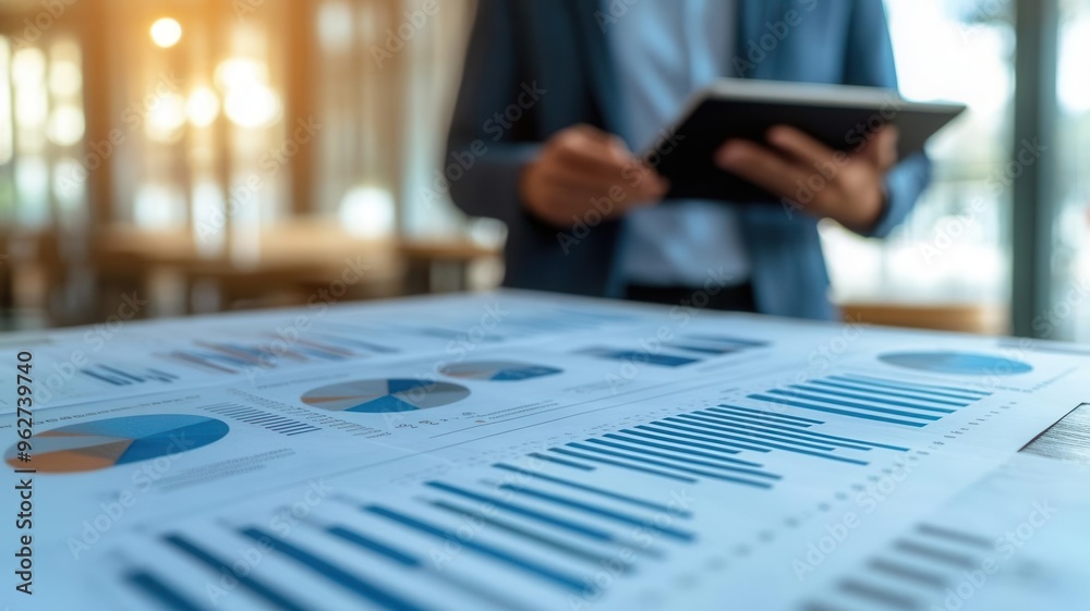 Wall mural close-up of an it report with graphs and technical data, a professional holding a tablet in the back