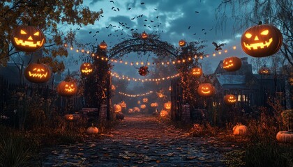 Obraz premium Halloween Festival Design with Glowing Jack-O'-Lanterns in Spooky Night Forest
