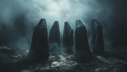 Several Ghostly Figures in Black Cloaks Standing in Misty Graveyard on Halloween Night