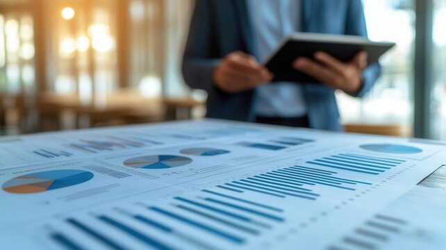 Close-up of an IT report with graphs and technical data, a professional holding a tablet in the background, system audit, IT analysis