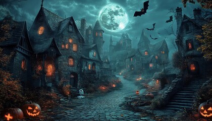 Obraz premium Spooky Village with Ghostly Houses and Foggy Atmosphere on Halloween Night