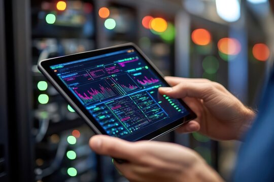 IT consultant holding a tablet with security metrics, assessing server room performance, cybersecurity review, IT infrastructure evaluation