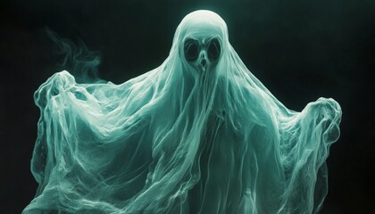 Glowing Transparent Ghost Floating Above the Ground in a Misty Night Scene