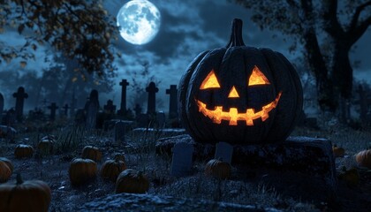 Obraz premium Jack-O'-Lantern in a Cemetery with Full Moon and Misty Atmosphere