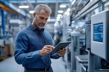 Modern factory manager using tablet for inspection
