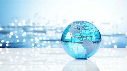Blue glass globe on white background with data blocks illustrating global network concept