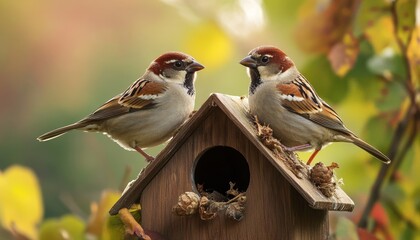 Fototapeta premium Sparrows Seeking Shelter on a Rainy Branch with Droplets Bokeh