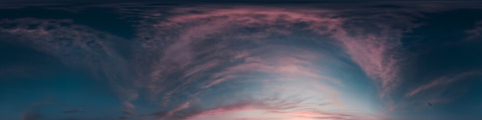 Seamless 360 HDR spherical panorama of dark sunset sky with glowing vibrant pink Cirrus clouds. Full zenith or sky dome in 3D, sky replacement for aerial drone panoramas. Climate and weather change.