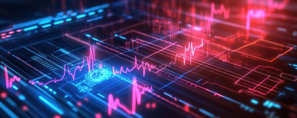 Fototapeta premium Abnormal heartbeat monitoring, glowing holographic ECG, futuristic medical diagnostics, AI-driven data
