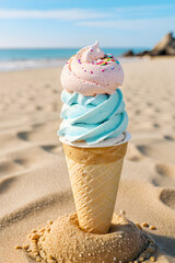 An ice cream cone standing on beach