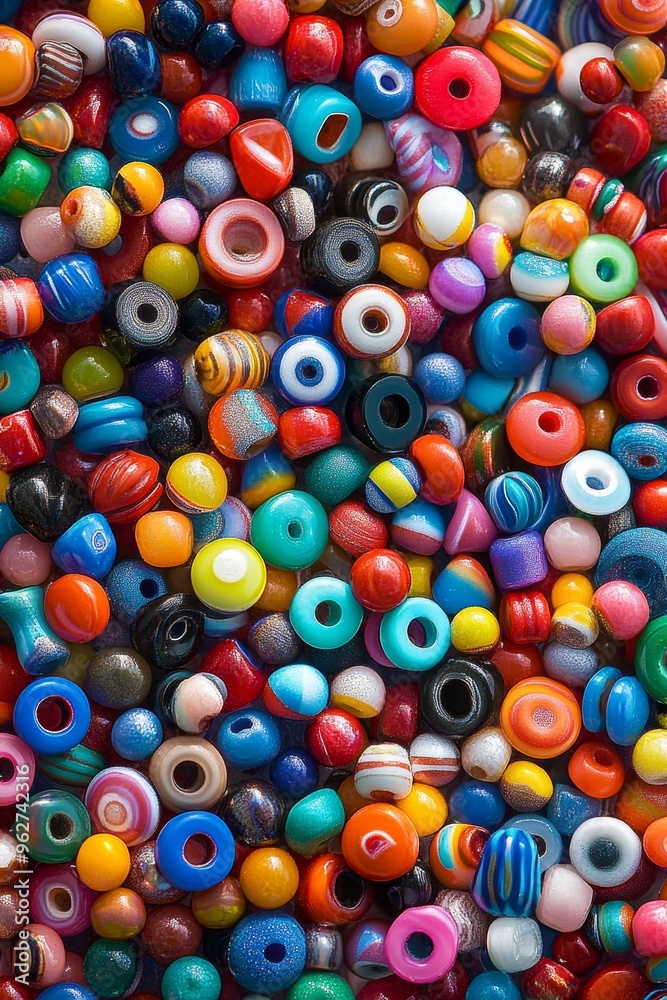 Poster vibrant collection of multicolored beads forming abstract pattern - dynamic, artistic composition fu