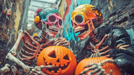 Naklejka premium Skeletons & Pumpkins.