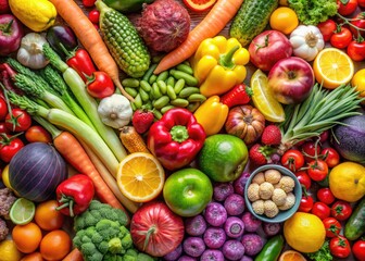 Vibrant And Colorful Background Of Fresh Fruits And Vegetables Arranged Together