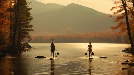 Two men on paddleboards  one steering forward while the other follows behind with oars