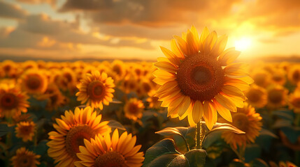 Obraz premium Sunflower Field at Sunset - Realistic Digital Illustration