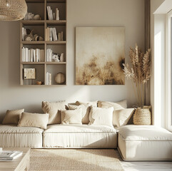 aesthetic white beige living room with metal decoration, shelfies