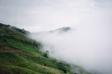 Landscape, fog on the mountain, relaxation and travel