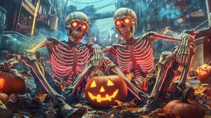 Naklejka premium Neon Skeletons Halloween.