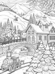 Obraz premium Detailed Winter Village Scene with Snow-Covered Houses for Coloring Books