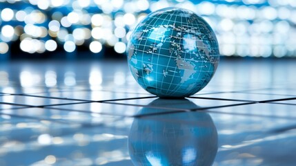 Blue glass globe on white background surrounded by data blocks, representing global network concept