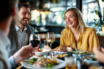 A group of friends enjoy a meal together at a restaurant, laughing and talking.