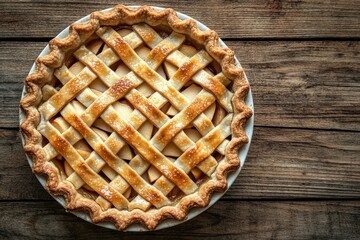 A top down view of a homemade apple pie with a golden brown lattice crust, cooling on a rustic wooden table