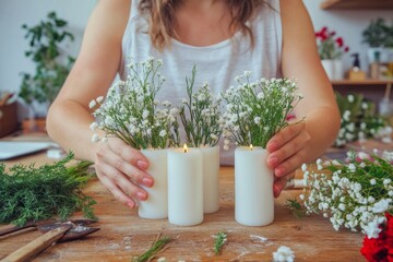 White Adult Woman Crafting Flower-Shaped Candle Bouquet in Rustic Workshop, Late Afternoon, Concentrated and Anxious Mood, Surrounded by Vintage Tools and Materials