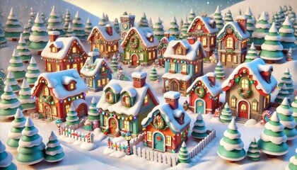 Naklejka premium Gingerbread house decorated with candy and frosting in a snowy winter wonderland.