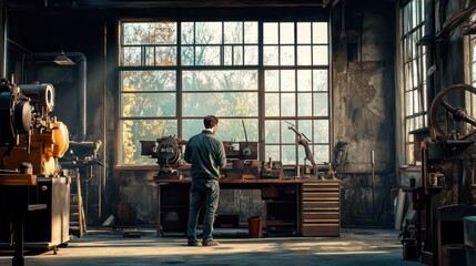 Fototapeta premium Men portrait occupation person industrial male horizontal working workshop adult standing mechanical