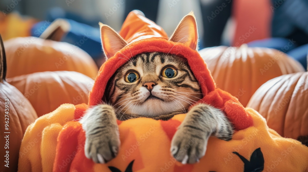 Wall mural Cat in Pumpkin Costume.