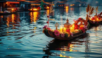 Fototapeta premium Decorated Boat Floating on Water with Candles and Flowers