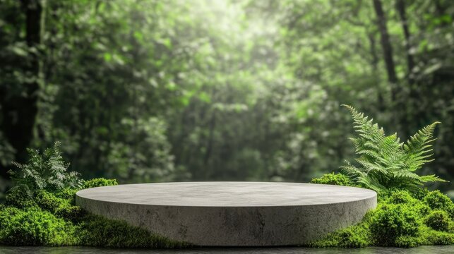Podium background product moss stone green forest cosmetic display nature presentation. Background wood beauty product podium stand concept summer pedestal plant design template environment platform