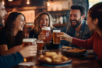 A group of friends enjoy a night out at a pub, laughing and sharing drinks.