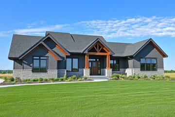 Modern Farmhouse with Grey Siding and Wooden Accents