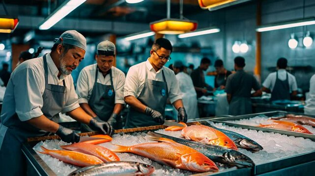 Workers Processing Fresh Fish at Seafood Market
