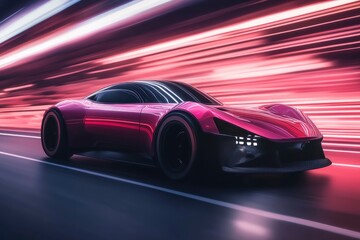Obraz premium Sport car on the road with motion blur background. Street racing videogame gameplay. 3D rendering of a brand-less generic concept car in a futuristic environment with generative ai