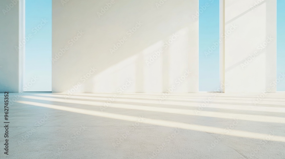 Poster minimalist monochromatic concrete interior with soft natural light beams creating tranquil and calm 