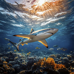 Fototapeta premium A stunning underwater view of reef shark patrolling through vibrant coral and colorful fish, illuminated by sunlight filtering through waters surface.