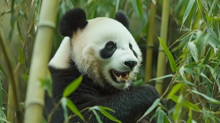  A playful giant panda frolicking amidst the lush green bamboo forest, capturing moments of joy and curiosity in its natural habitat. The scene highlights the panda's playful behavior